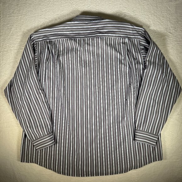 Pronto Uomo Non-Iron Button Up Shirt Mens Large Dark Navy Striped Long Sleeve - Picture 3 of 6